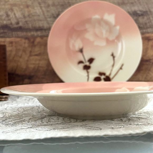 Syracuse China Rimmed Soup Bowl Air Brushed Madam Butterfly 1950s Set of 2 - Picture 9 of 10